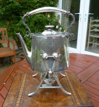 Antique Victorian Silver Plated Spirit Kettle,  Stand & Burner - Gorgeous Design