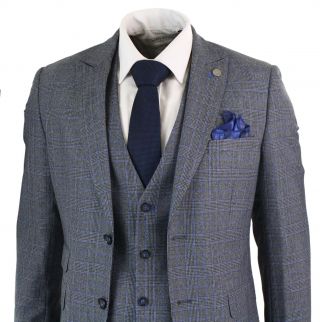 Mens 3 Piece Tailored Fit Prince Of Wales Check Grey Blue Tweed Suit Vintage