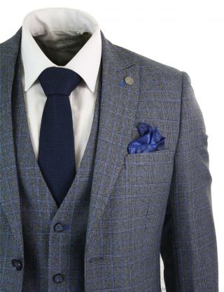 Mens 3 Piece Tailored Fit Prince Of Wales Check Grey Blue Tweed Suit Vintage 2