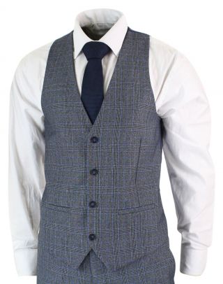 Mens 3 Piece Tailored Fit Prince Of Wales Check Grey Blue Tweed Suit Vintage 3