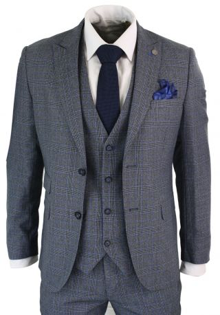 Mens 3 Piece Tailored Fit Prince Of Wales Check Grey Blue Tweed Suit Vintage 4