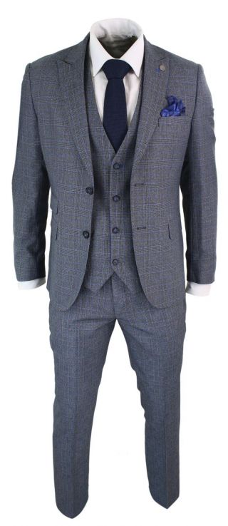Mens 3 Piece Tailored Fit Prince Of Wales Check Grey Blue Tweed Suit Vintage 5