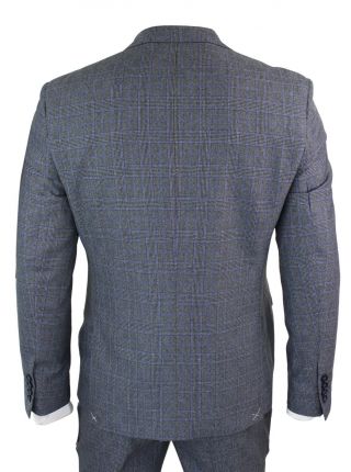 Mens 3 Piece Tailored Fit Prince Of Wales Check Grey Blue Tweed Suit Vintage 6