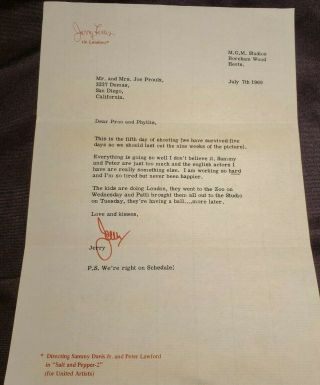Rare Jerry Lewis Hand Signed Letter July 7,  1969 From Mgm Studios,  England