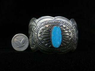 Vintage Navajo Bracelet - Sterling Silver And Turquoise Wide Cuff