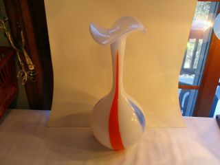 Vintage Murano Art Glass 16 1/2 " Vase Patriotic Red,  White,  Blue W/wavy Rim