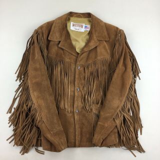 Vintage Schott Western Brown Suede Leather Jacket Fringe Cowboy Snap Front Sz 46