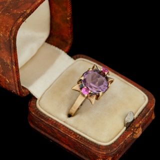 Antique Vintage Deco Retro 10k Yellow Gold Siberian Amethyst & Ruby Ring Sz 5.  5