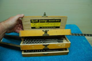Vintage Russell Jennings Auger Drill Bits By Stanley Tools W/ Wooden Box Bx - D32