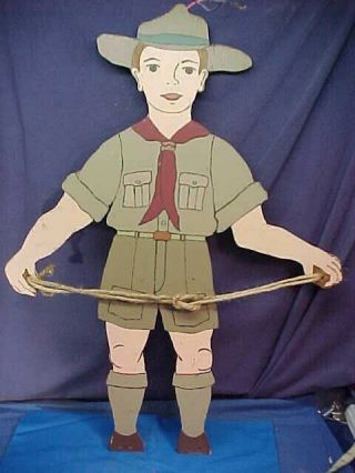 Vintage Boy Scout Cut Out,  Painted Wood Display Scout Figure For Knot Tying