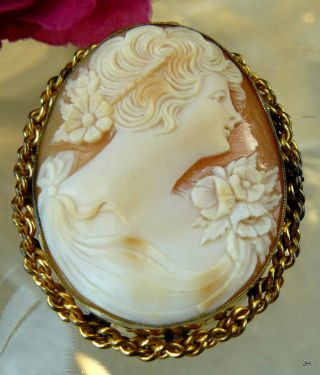 Vintage 12k Gold Filled Finely Carved Shell Cameo Lady Flowers Brooch Pendant