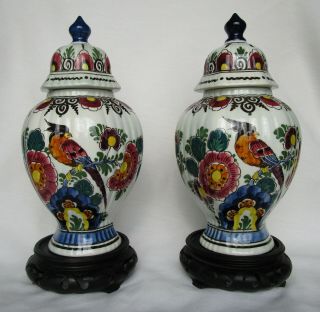 Vintage Pair Hand Painted Delft Polychrome Vase/urn Birds Dahlias Lidded 8.  25 " H