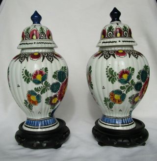 Vintage Pair Hand Painted Delft Polychrome Vase/Urn Birds Dahlias Lidded 8.  25 