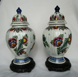 Vintage Pair Hand Painted Delft Polychrome Vase/Urn Birds Dahlias Lidded 8.  25 