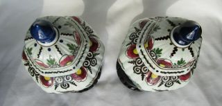 Vintage Pair Hand Painted Delft Polychrome Vase/Urn Birds Dahlias Lidded 8.  25 