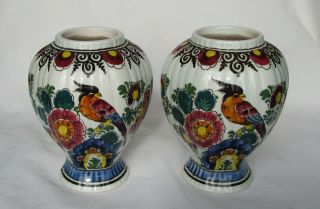 Vintage Pair Hand Painted Delft Polychrome Vase/Urn Birds Dahlias Lidded 8.  25 