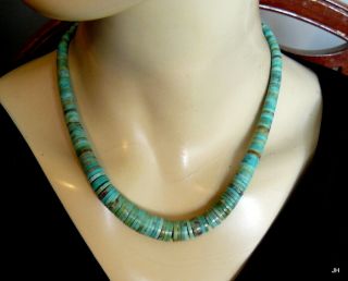 Estate Find Vintage Graduated Bisbee Turquoise Disc Bead Necklace Sterling Clasp