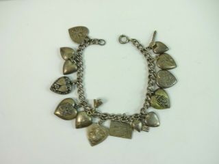 Vintage Sterling Silver Puffy Heart Usn Military Charm Bracelet 7 " 25.  3 Grams