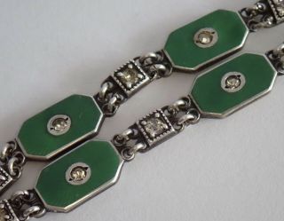 Antique Art Deco Sterling Silver Green Enamel Paste Rhinestone Bracelet