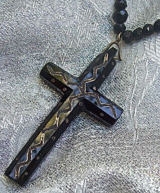 Antique Mourning Jet Black Glass Faceted Beads Necklace With Crucifix Pendant