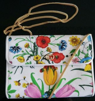 Rare Gucci Floral Multi Color Chain Strap Crossbody Bag/clutch Purse Made Italy