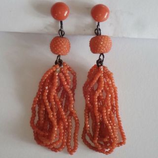 Antique Victorian Edwardian Sterling Silver Natural Salmon Red Coral Earrings