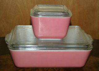 2 Vintage Pyrex Flamingo Pink Refrigerator Dishes No.  503 & 501