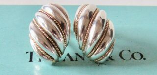 Vintage Tiffany & Co.  Sterling Silver 14 K Gold Braided Rope Shell Clip Earrings