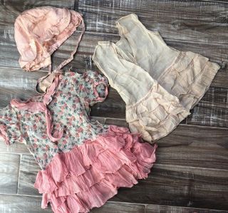 Vintage Toddler Girl Silk Chiffon Dress Pink Floral With Bonnet Size 3t C1930 