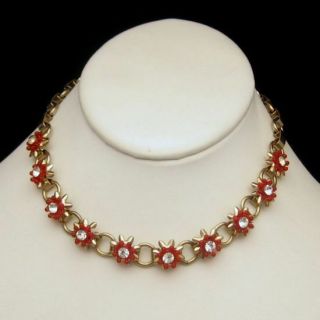 Vintage Choker Necklace Mid Century Red Lucite Flowers Rhinestones Circles
