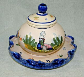 Vintage Henriot Quimper 3 Piece Inkwell - Woman With Bucket