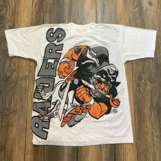 Vintage Oakland Raiders T Shirt Nfl Jack Davis All Over Print Double Sided Sz L