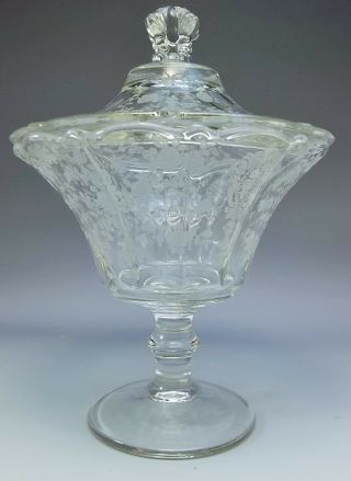 Vintage Cambridge Rosepoint Etched Clear Glass Covered Candy Dish Rose Point