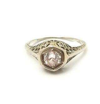 Art Deco Clear Stone Solid 14k White Gold Vintage Engagement Ring,  1.  42g,  Size 6