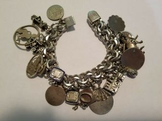 Vintage Heavy Elco Sterling Silver Charm Bracelet W/ Safety Chain & 19 Charms