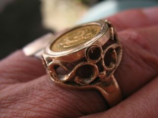 22ct Gold Mexican 1945 Dos Peso Coin Set In 9ct Gold Fancy Dress Ring Vintage 6g