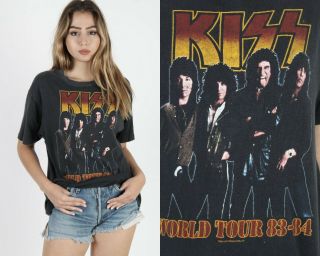 Vintage 80s Kiss World Concert Tour Glam Metal Hard Rock Band Black Tee T Shirt