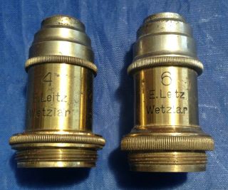 2 Vintage Brass & Nickel E.  Leitz Wetzlar Microscope Objectives 4 And 6 (nr)
