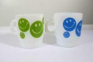 2 Vintage Anchor Hocking Fire King Smiley Face Smile Blue & Green Coffee Mugs