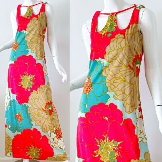 70s Vintage Don Luis De Espana Dress Halter Psychedelic Shawl Party Maxi Small 2