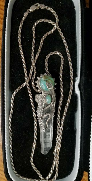 Vintage Healing Necklace; Quartz,  Prehnite W/ Epidote,  925 Snake & 30 " Chain