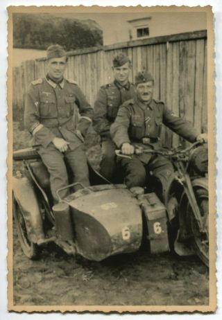 German Wwii Archive Photo: Wehrmacht Soldiers On Motorcycle With Sidecar