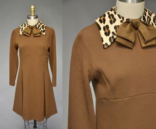 Vintage Vtg 60s 1960s Brown Mod Knit Dress Pony Hair Leopard Collar Bow Detail M