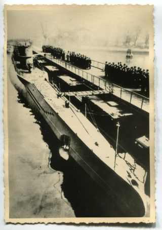 German Wwii Archive Photo: Kriegsmarine U - Boat In Harbour Crew Lining Up On Pier