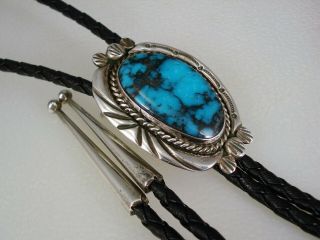 Vintage Navajo Sterling Silver & Hi - Grade Kingman Spiderweb Turquoise Bolo Tie