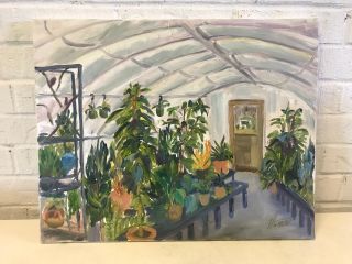 Vintage Helen Hume Signed Oil On Canvas Painting Plants In A Greenhouse