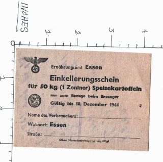 German Ww Ii Potato Ration Card Issued For 50 Kg.  Of Food Potatoes