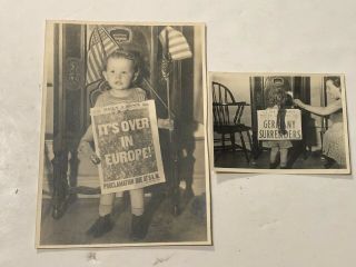 2 - May 8th 1945 V - E Day Photos Of Children W/ Newspapers And Flags Europe Victory