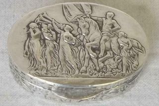 A Stunning Solid Silver Oval Pill Box Stamped 800 Embossed Horse Man Scene.