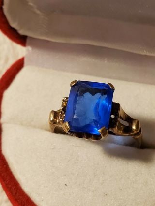 Antique Victorian 3 Ct Emerald Cut Synthetic Blue Stone 10k Gold Ring